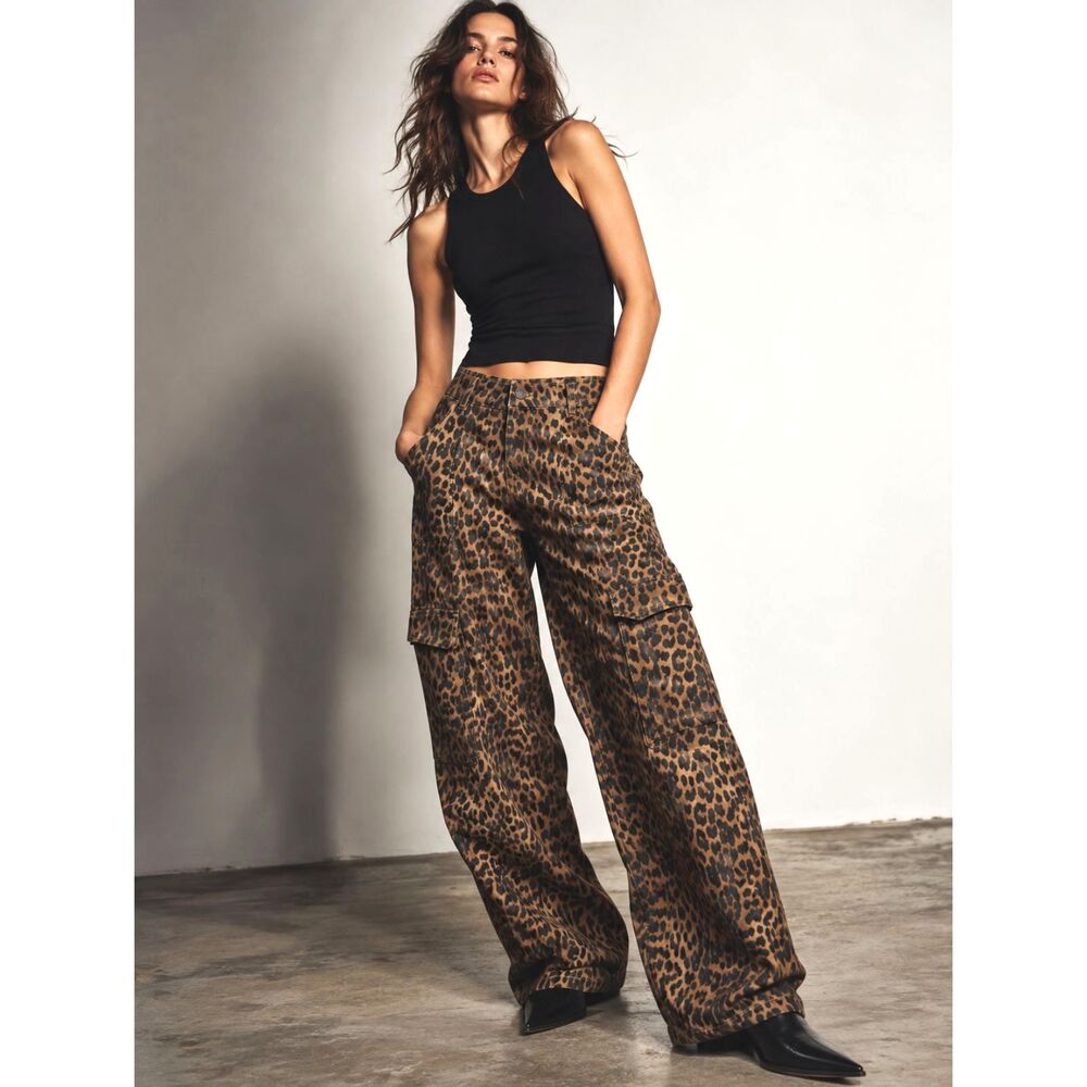 Damson Madder Dion Leopard Cargo Jeans Wide Leg High Rise Utility US 14